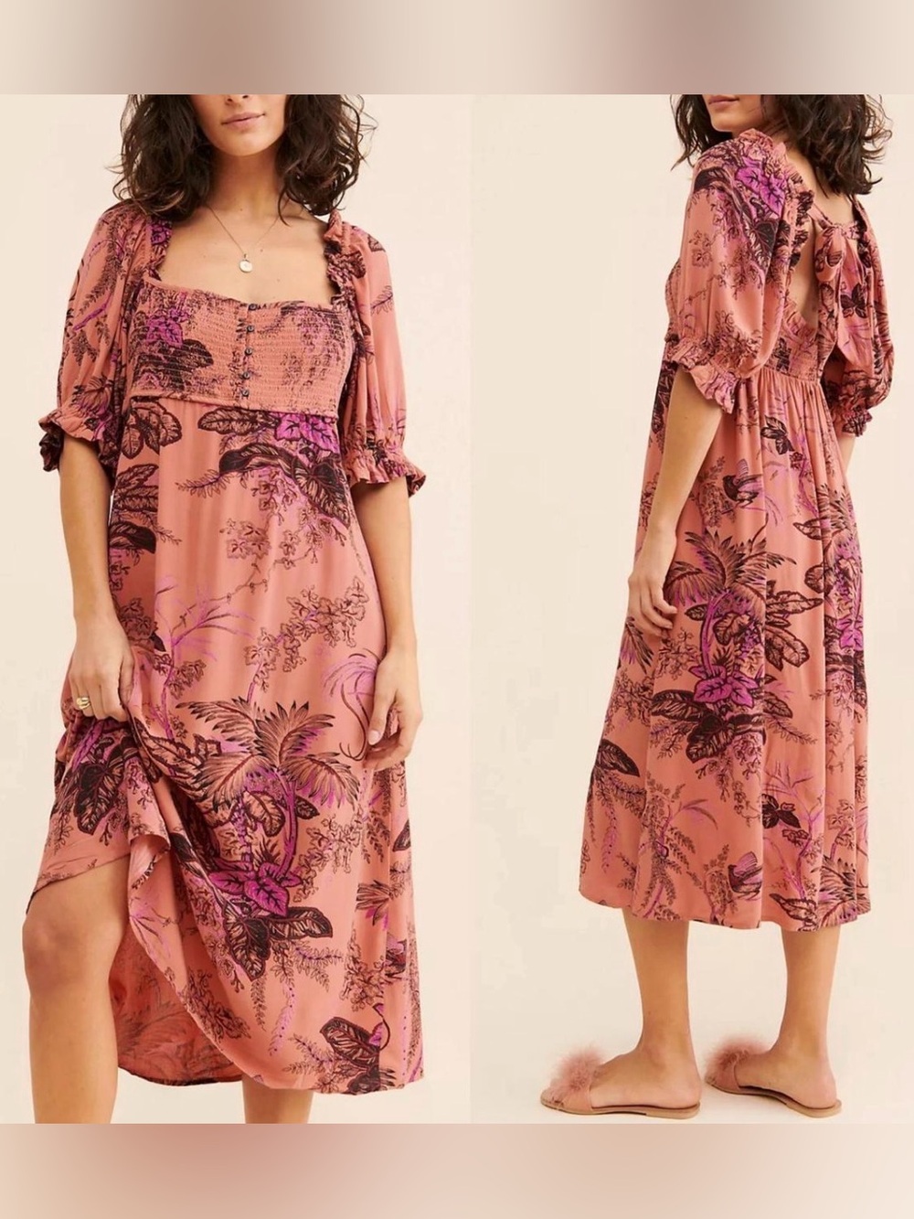 Anthropologie Puff Sleeves Midi Dress in Dusty Rose Floral Smocked Size Medium